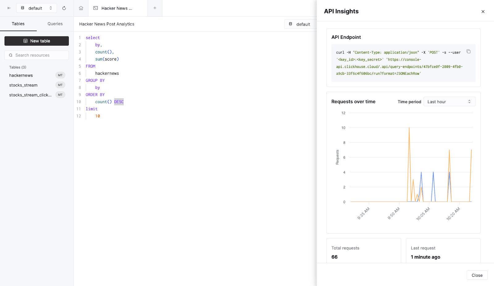 Интерфейс ClickHouse Cloud, показывающий конфигурацию API Endpoints с различными настройками