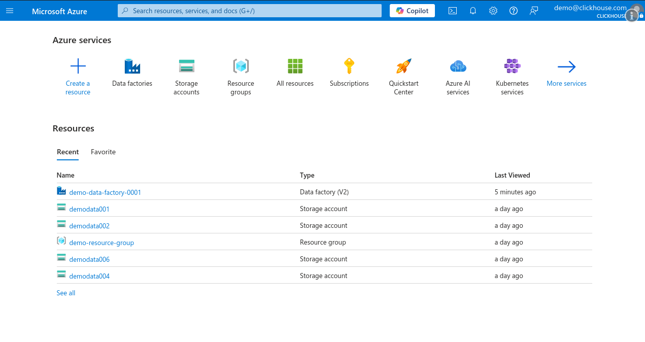 Главная страница Azure Portal с Data Factory