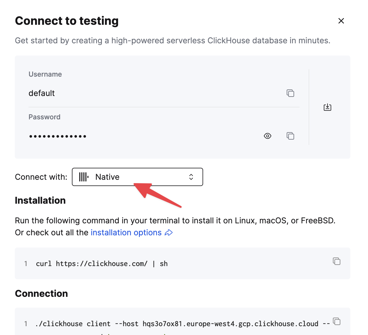 Детали подключения к ClickHouse Cloud по протоколу Native TCP