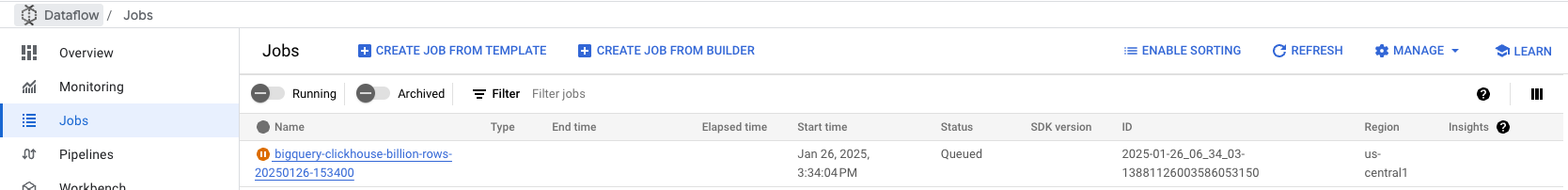 Консоль DataFlow с запущенным заданием BigQuery → ClickHouse