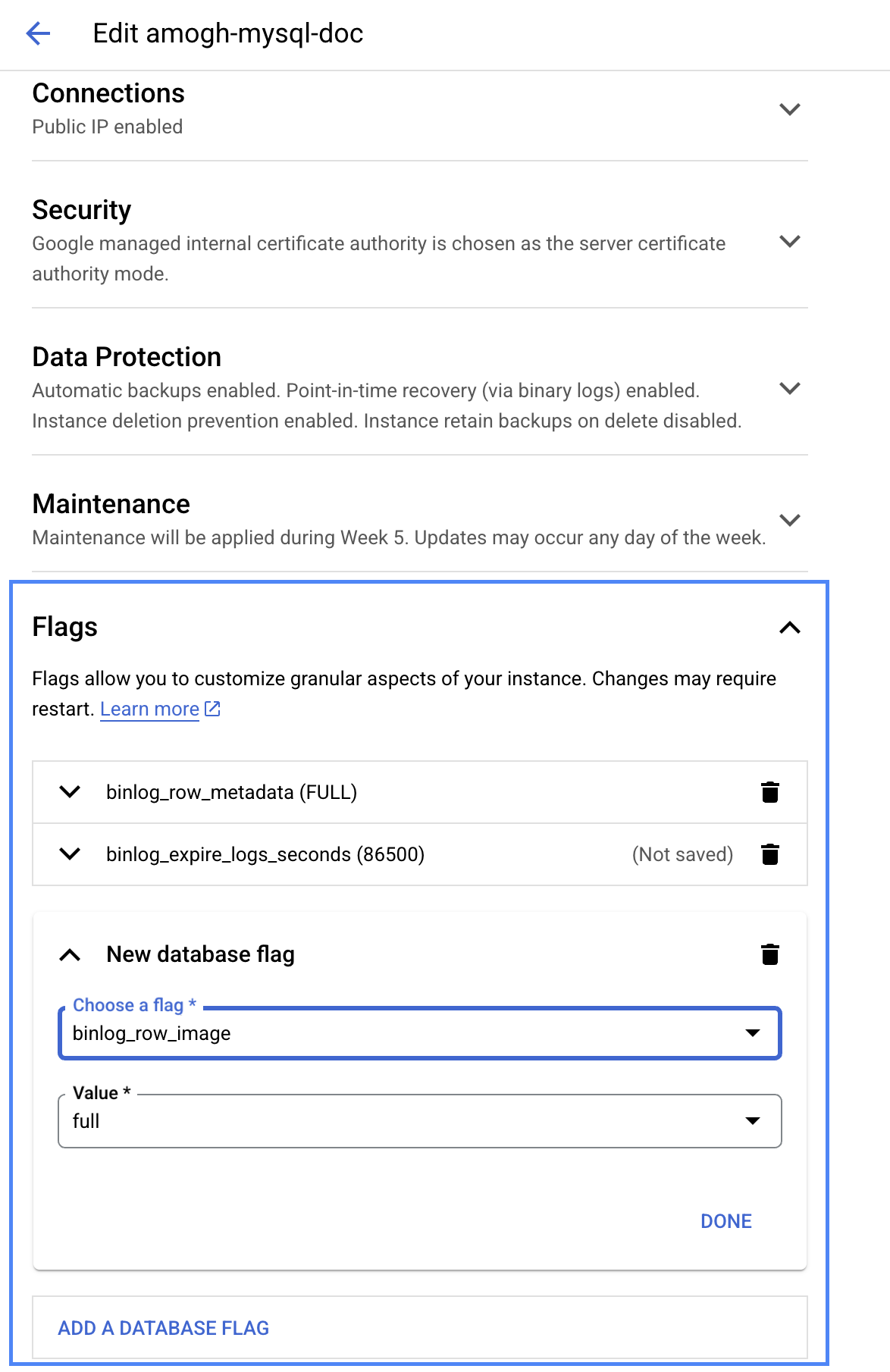 �Настройка флагов binlog в GCP