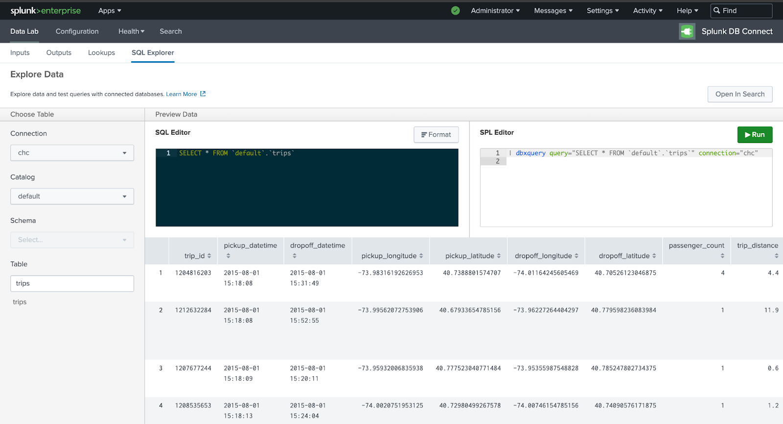 Выбор подключения к ClickHouse в Splunk SQL Explorer